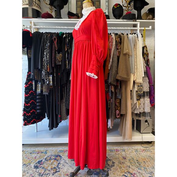 vintage 1970s red victorian style maxi dress lace bib balloon sleeves small - Picture 8 of 10